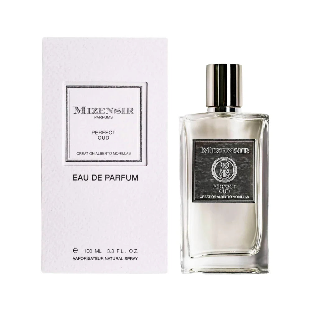 Mizensir Perfect Oud Eau de Parfum 100ml, luxury fragrance with sleek glass bottle and white packaging
