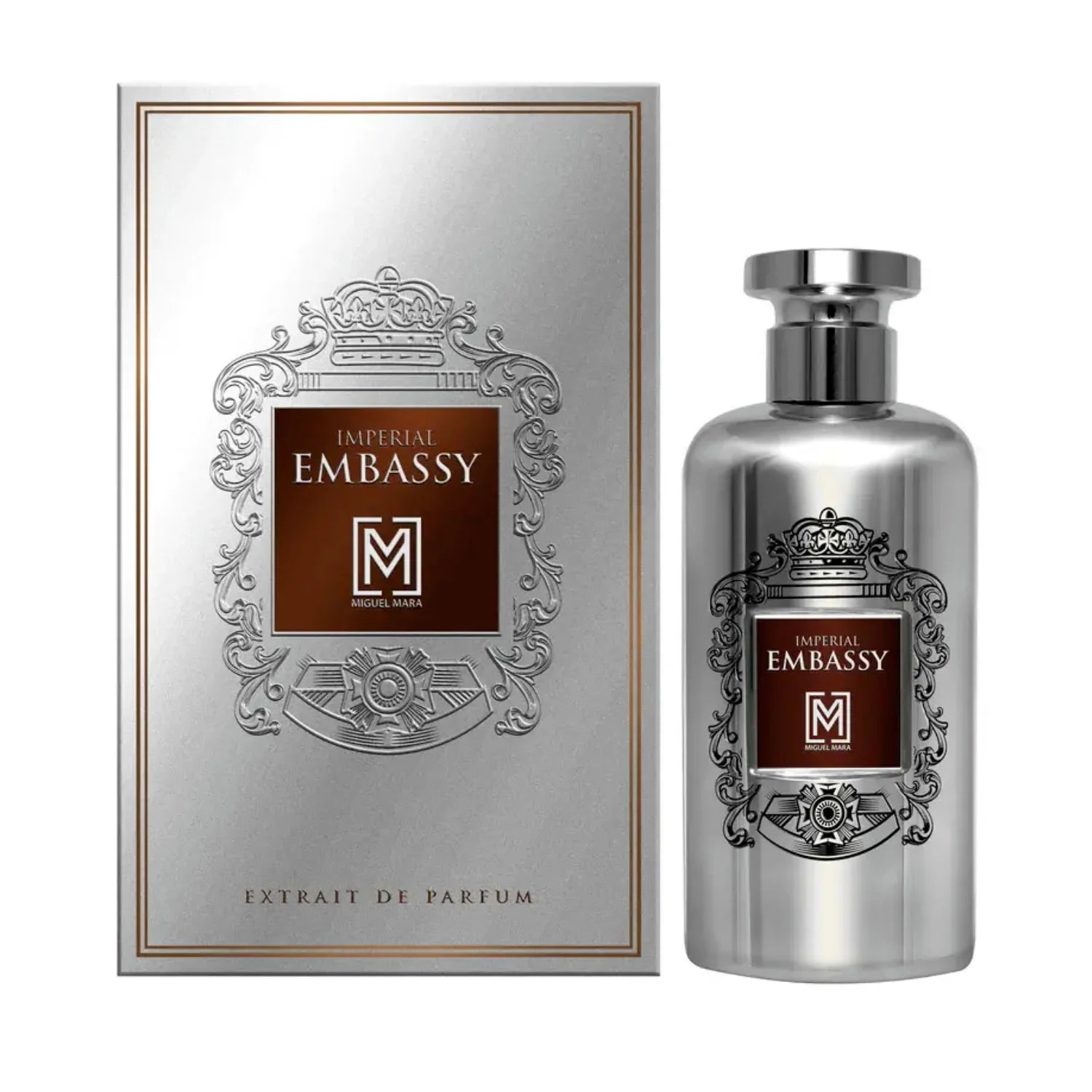 Miguel Mara Imperial Embassy Extrait de Parfum bottle and luxury silver packaging with crown emblem