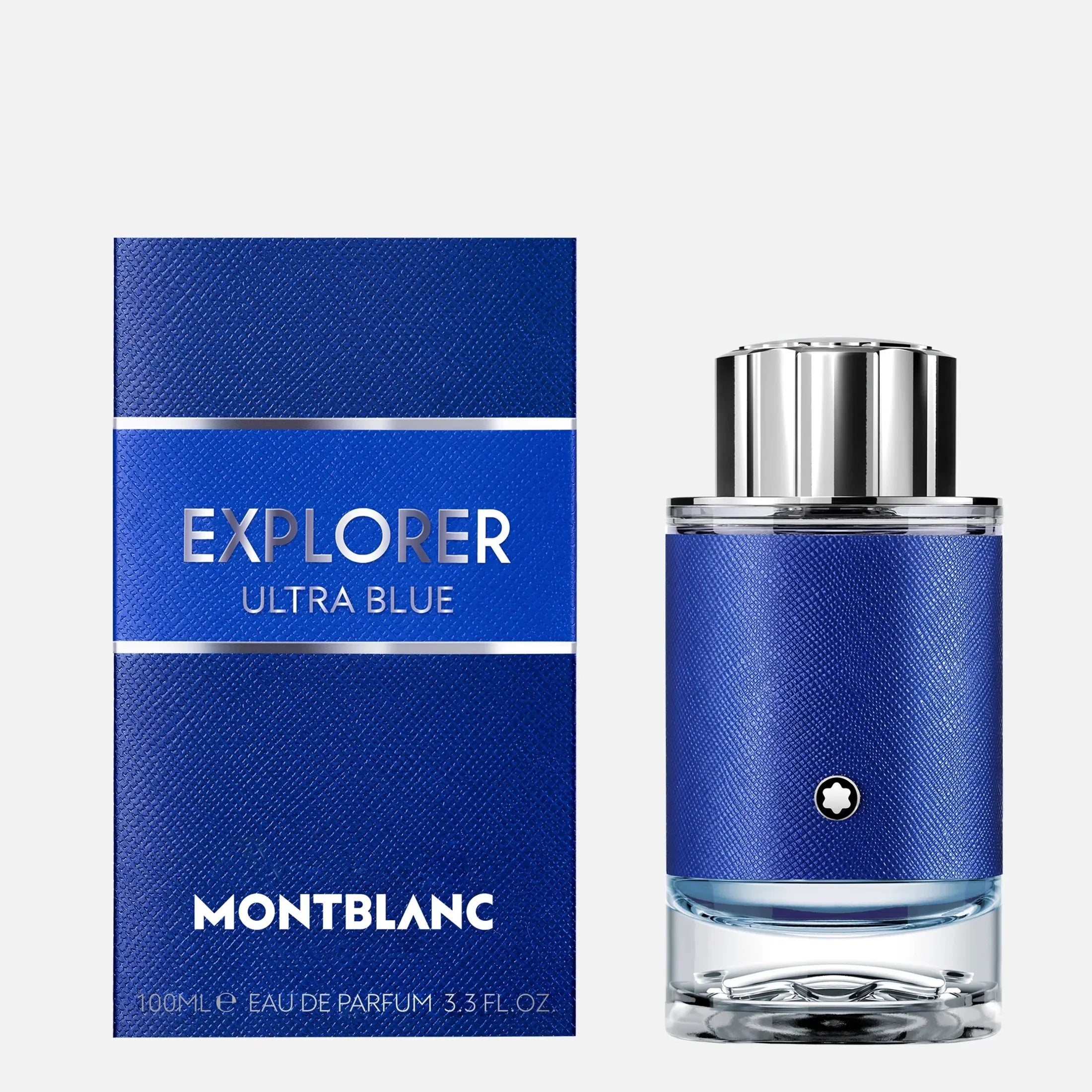 Montblanc Explorer Ultra Blue Eau de Parfum 100ml bottle and box, blue textured design with silver cap