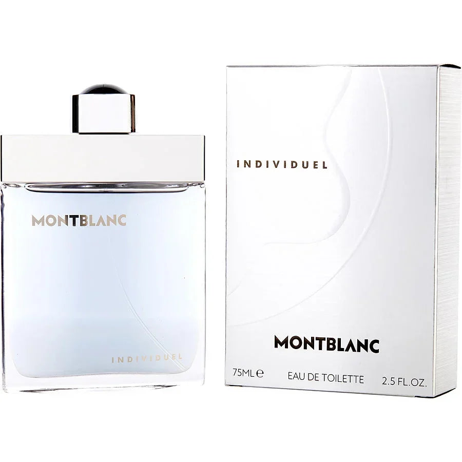 Montblanc Individuel Eau de Toilette 75ml bottle and packaging, sleek white design for men's fragrance