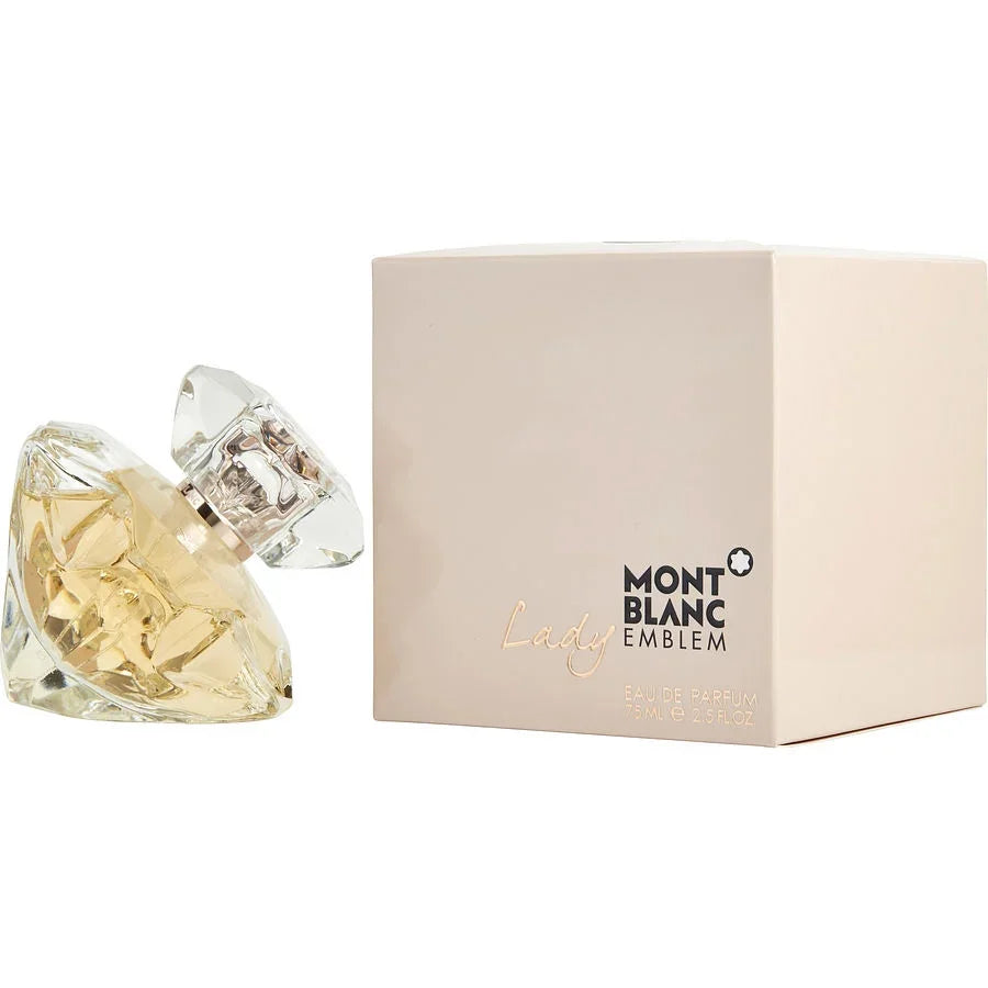 Montblanc Lady Emblem Eau de Parfum 75ml bottle with crystal cap beside beige box, luxury fragrance for women