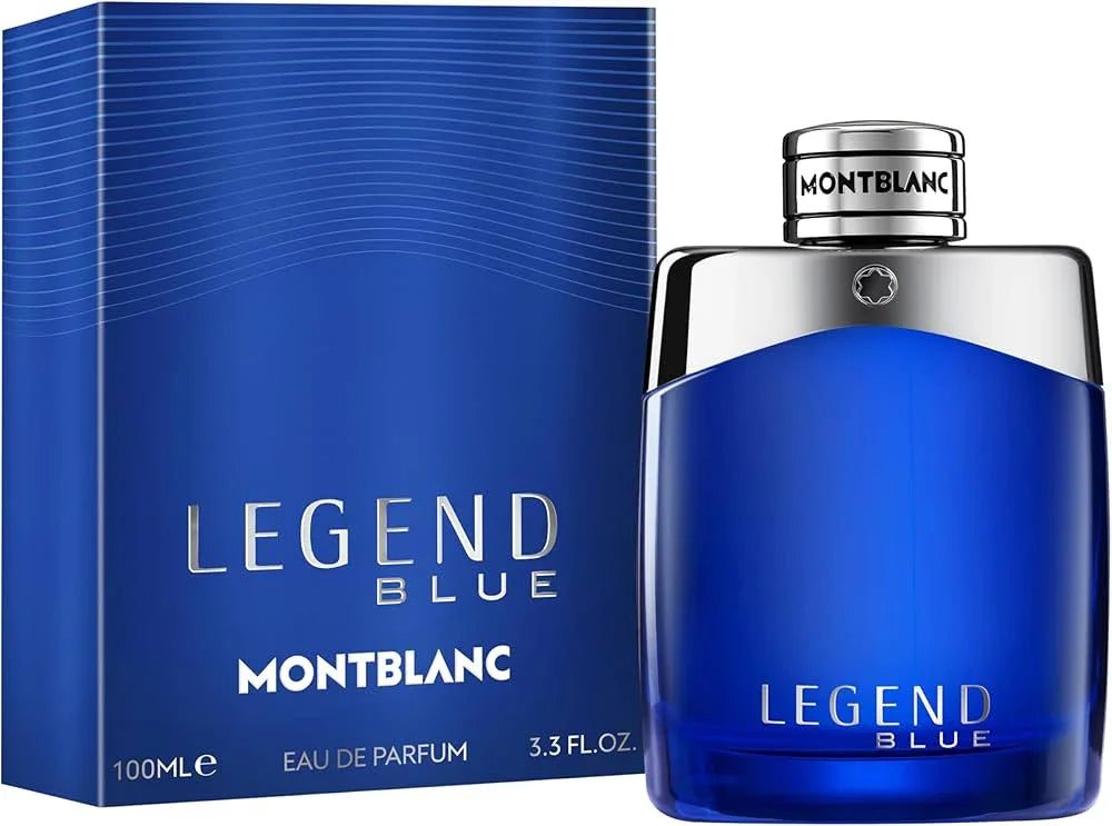 Montblanc Legend Blue Eau de Parfum 100ml bottle and box, luxury men's fragrance with deep blue design