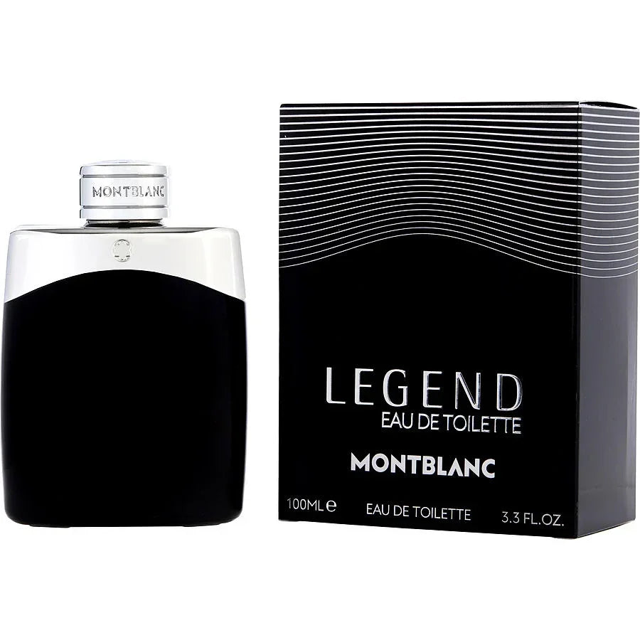 Montblanc Legend Eau de Toilette 100ml bottle and box, sleek black design with silver accents