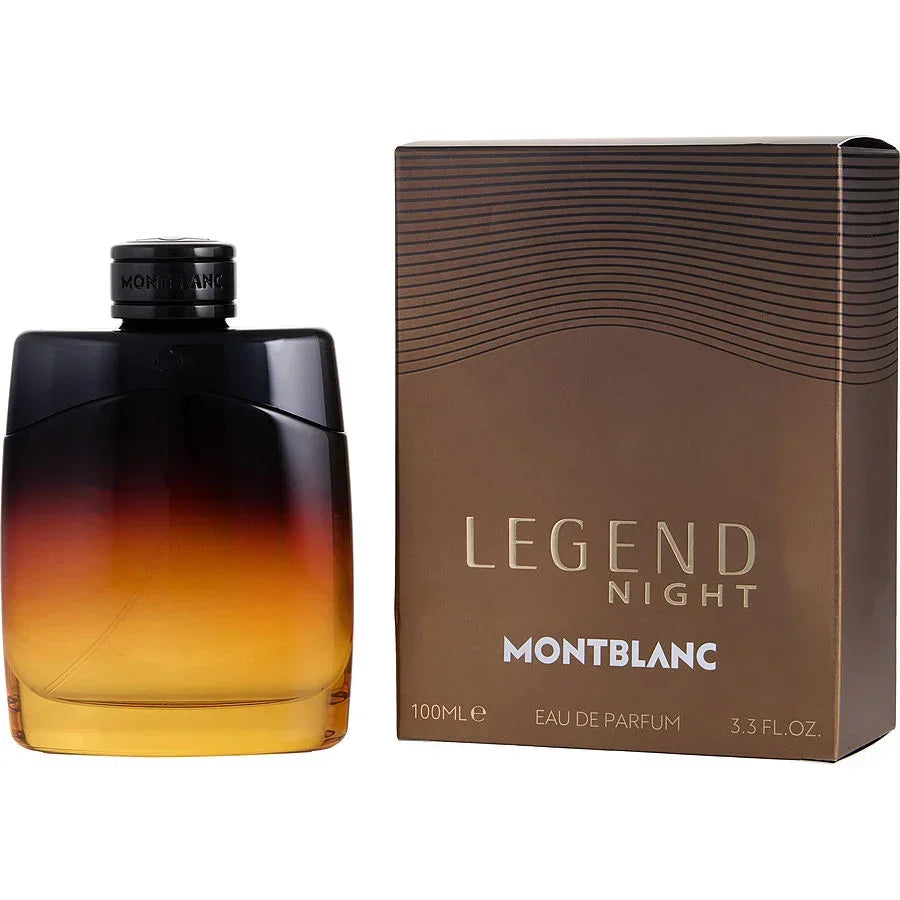 Montblanc Legend Night Eau de Parfum 100ml bottle with gradient amber-to-black glass and brown box