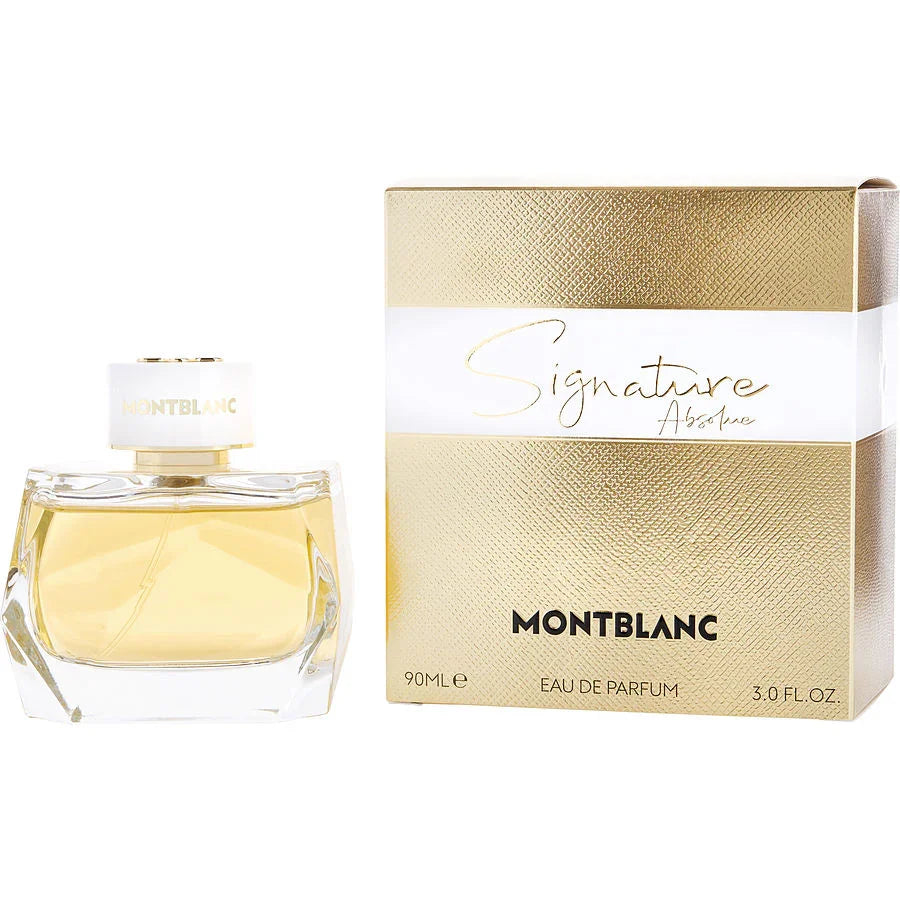 Montblanc Signature Absolue Eau de Parfum 90ml bottle and gold box, luxury fragrance for women