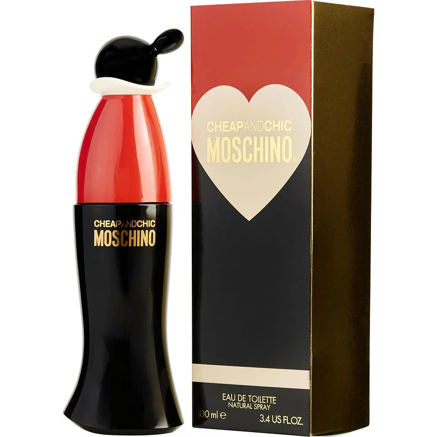 Cheap and Chic Moschino Eau de Toilette 100ml bottle with red and black design, heart logo packaging