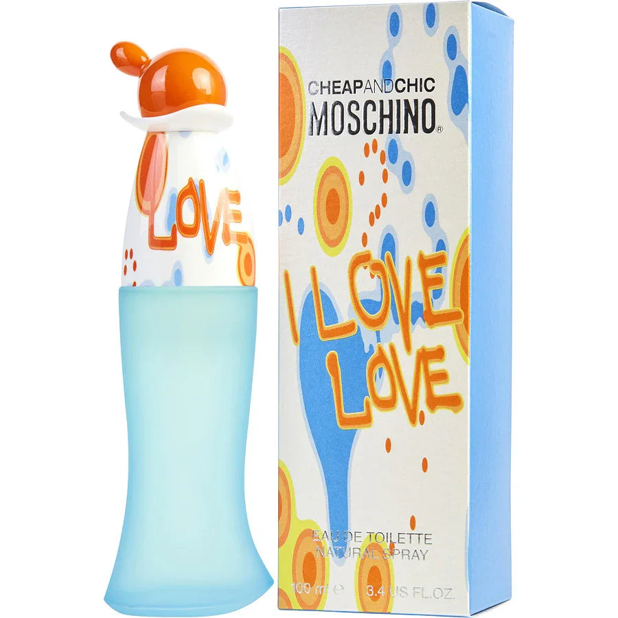 Cheap and Chic Moschino I Love Love Eau de Toilette perfume bottle with vibrant orange and blue design