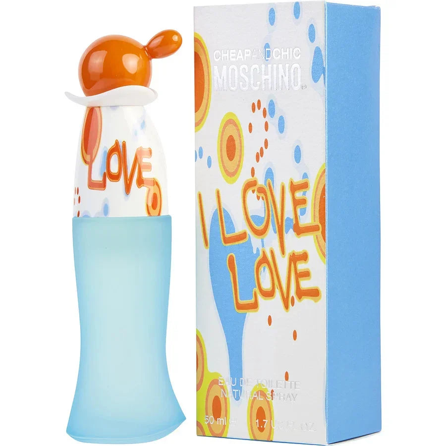 Moschino I Love Love Eau de Toilette 50ml bottle with playful orange cap and blue packaging