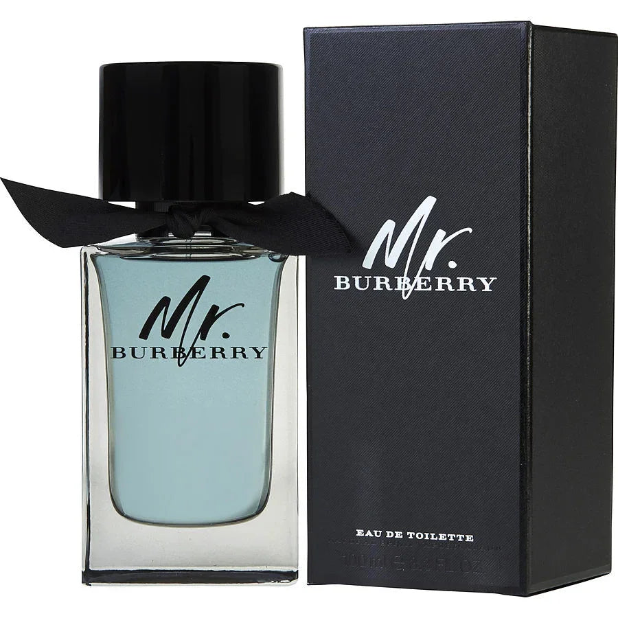 Mr. Burberry Eau de Toilette 100ml bottle with black ribbon and box, luxury men's fragrance