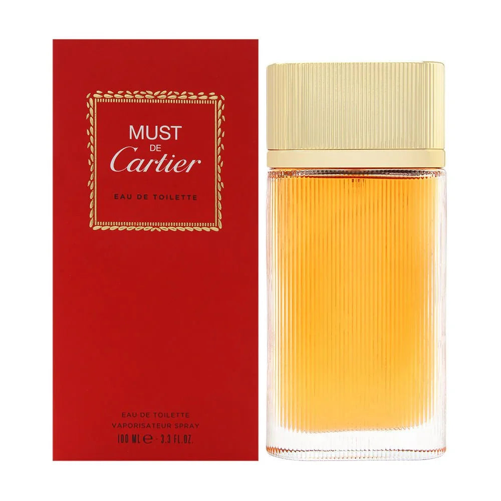 Must de Cartier Eau de Toilette 100ml bottle with red box, luxury perfume for women