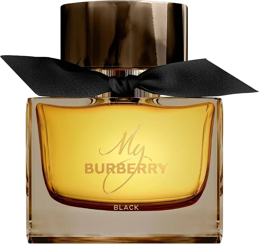 My Burberry Black perfume bottle with gold cap and black ribbon, luxury fragrance for women