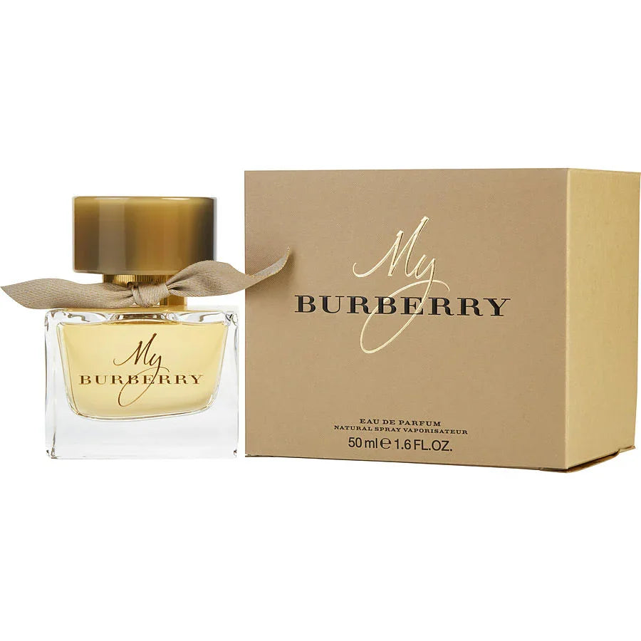 My Burberry Eau de Parfum 50ml bottle with gold cap and ribbon, alongside its beige gift box