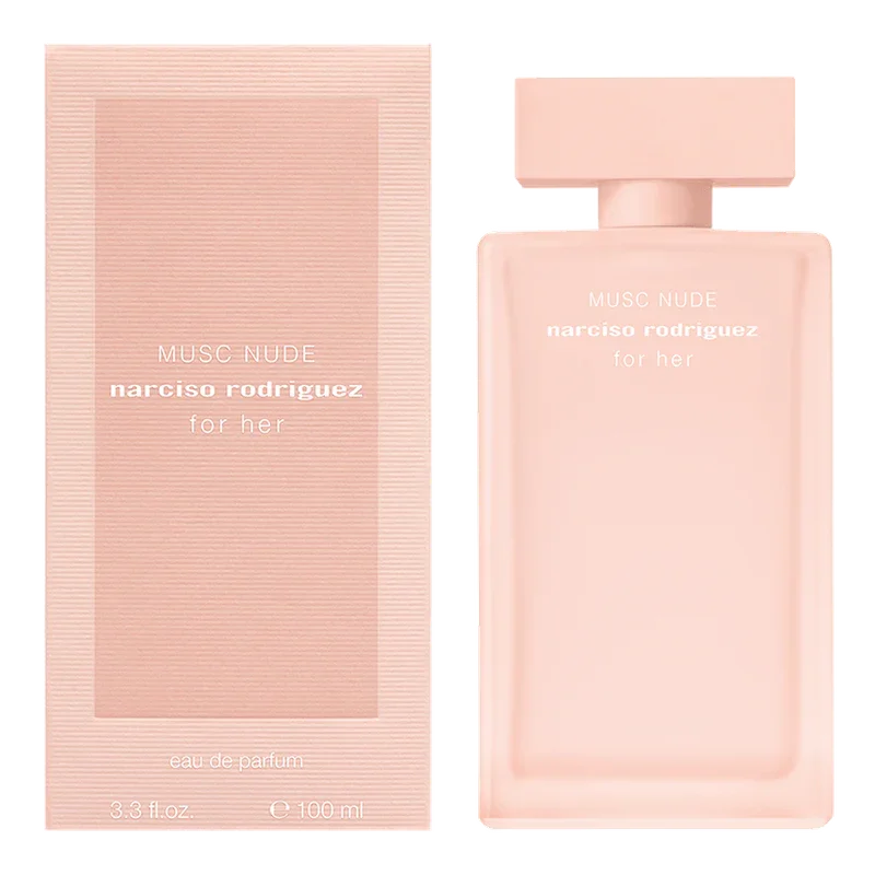 Narciso Rodriguez Musc Nude for Her eau de parfum 100ml bottle and box, soft pink design