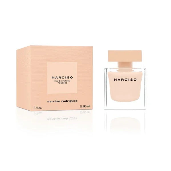 Narciso Rodriguez Narciso Eau de Parfum Poudrée 90ml bottle and box, soft pink packaging, luxury fragrance