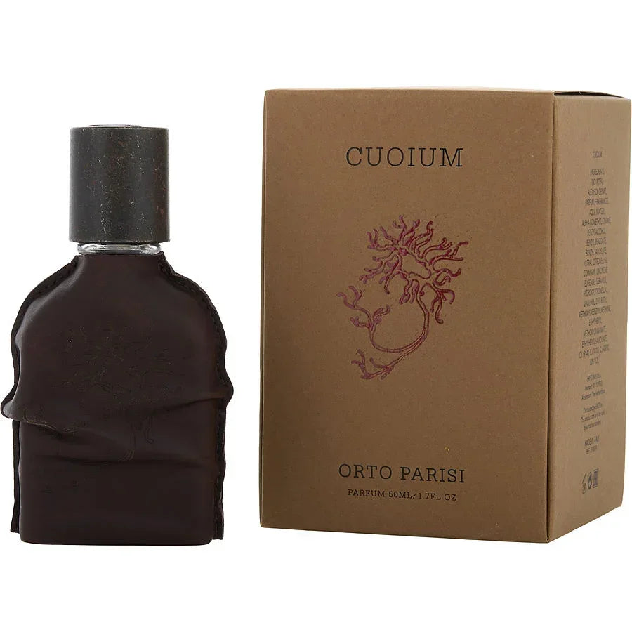 Orto Parisi Cuoiium parfum 50ml bottle with leather wrap beside its brown box, luxury fragrance for men