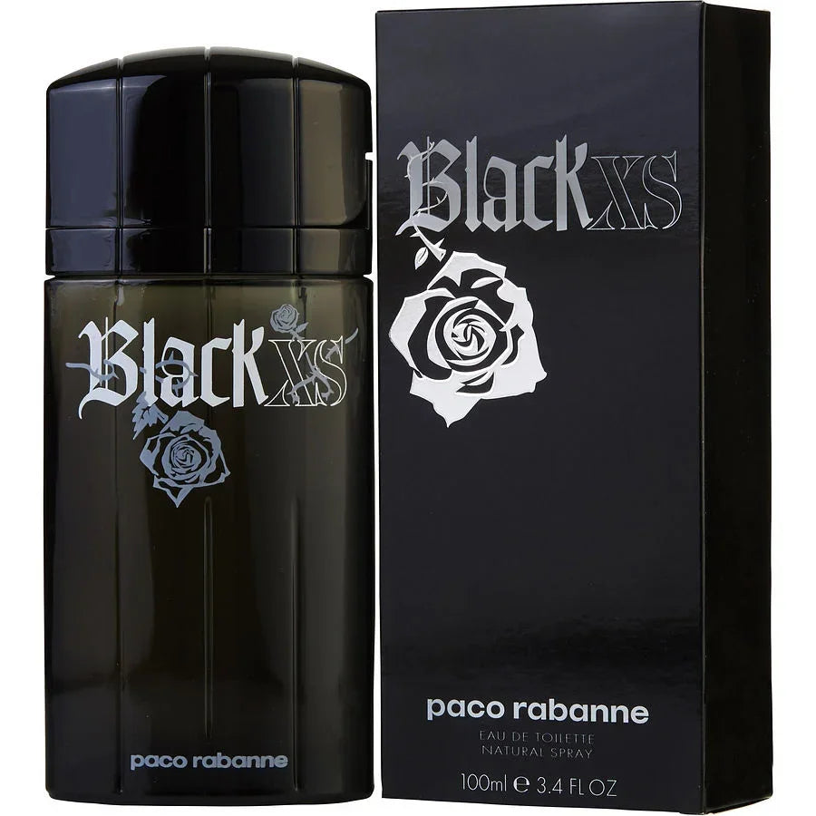 Paco Rabanne Black XS Eau de Toilette 100ml bottle and box with rose design, luxury men's fragrance