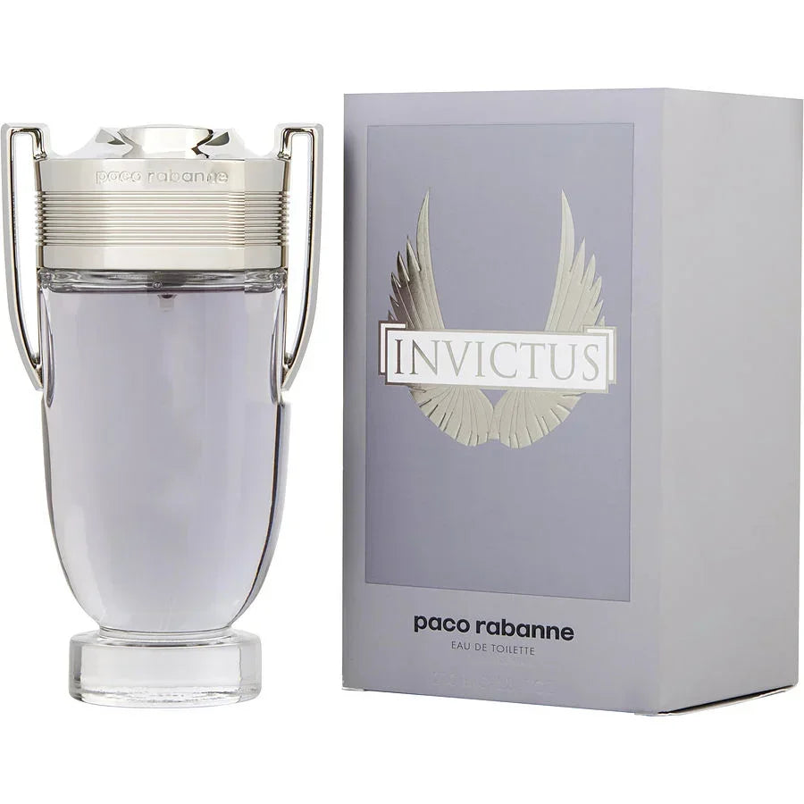 Paco Rabanne Invictus Eau de Toilette bottle with sleek silver design and winged packaging