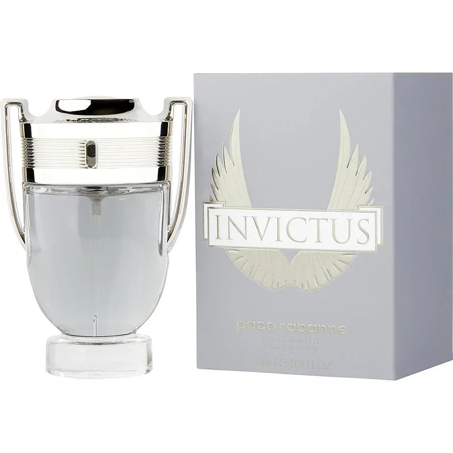 Paco Rabanne Invictus Eau de Toilette 100ml with sleek silver bottle and winged box design
