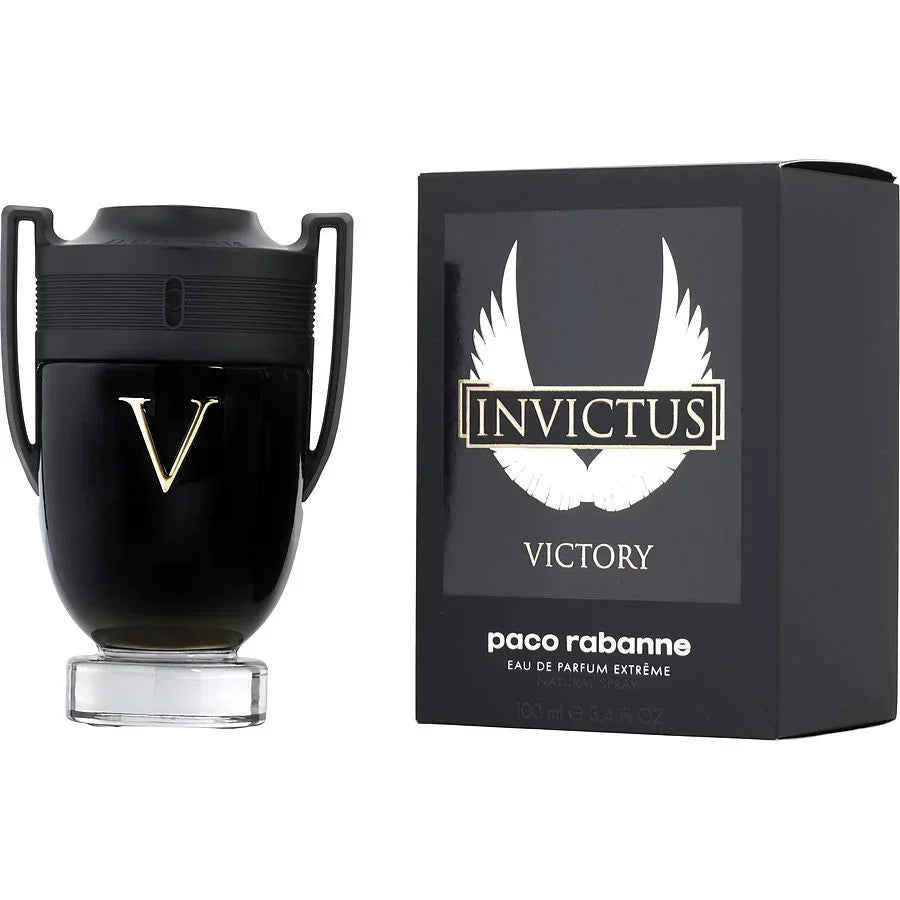 Paco Rabanne Invictus Victory Eau de Parfum Extreme 100ml bottle and box, black trophy design with gold V logo