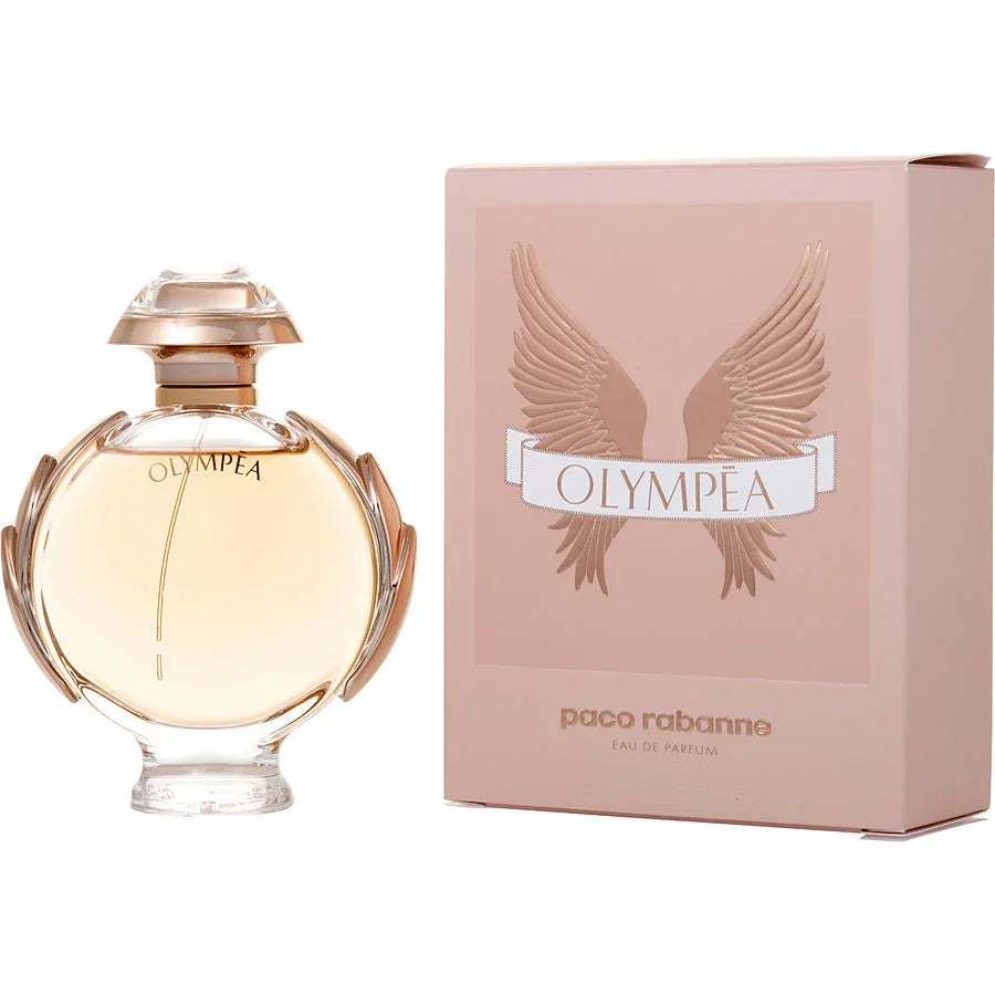 Paco Rabanne Olympea Eau de Parfum bottle with pink box, featuring winged design and golden accents