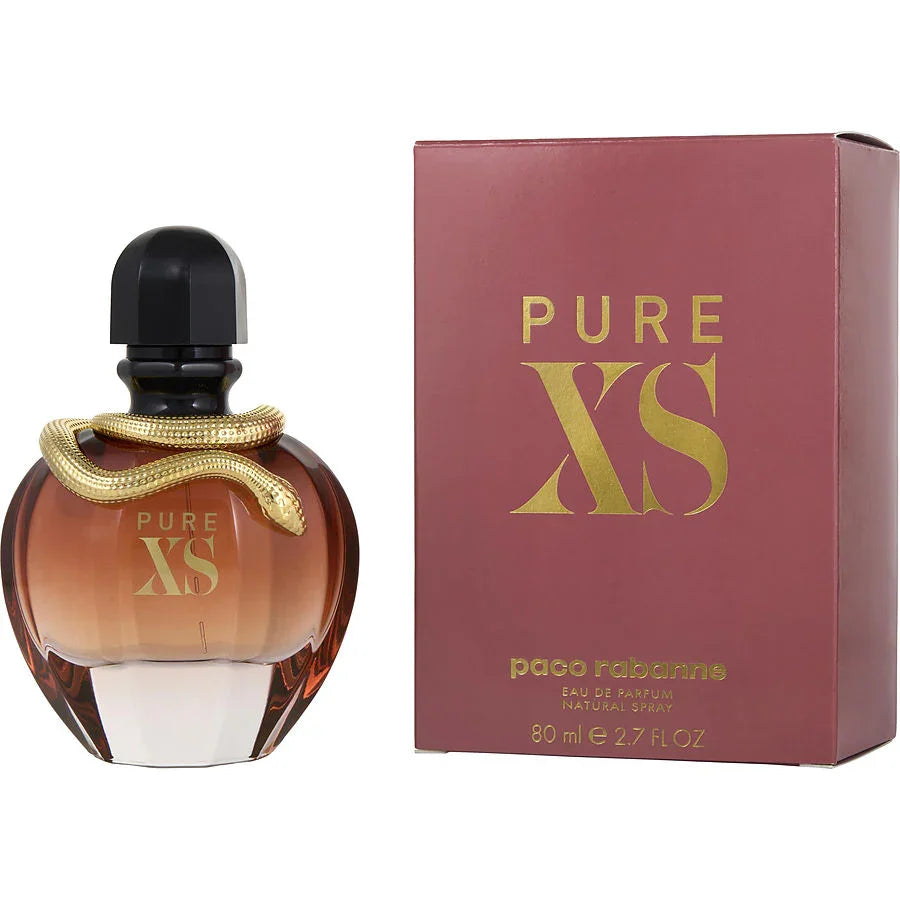 Paco Rabanne Pure XS Eau de Parfum bottle with golden snake design and maroon packaging