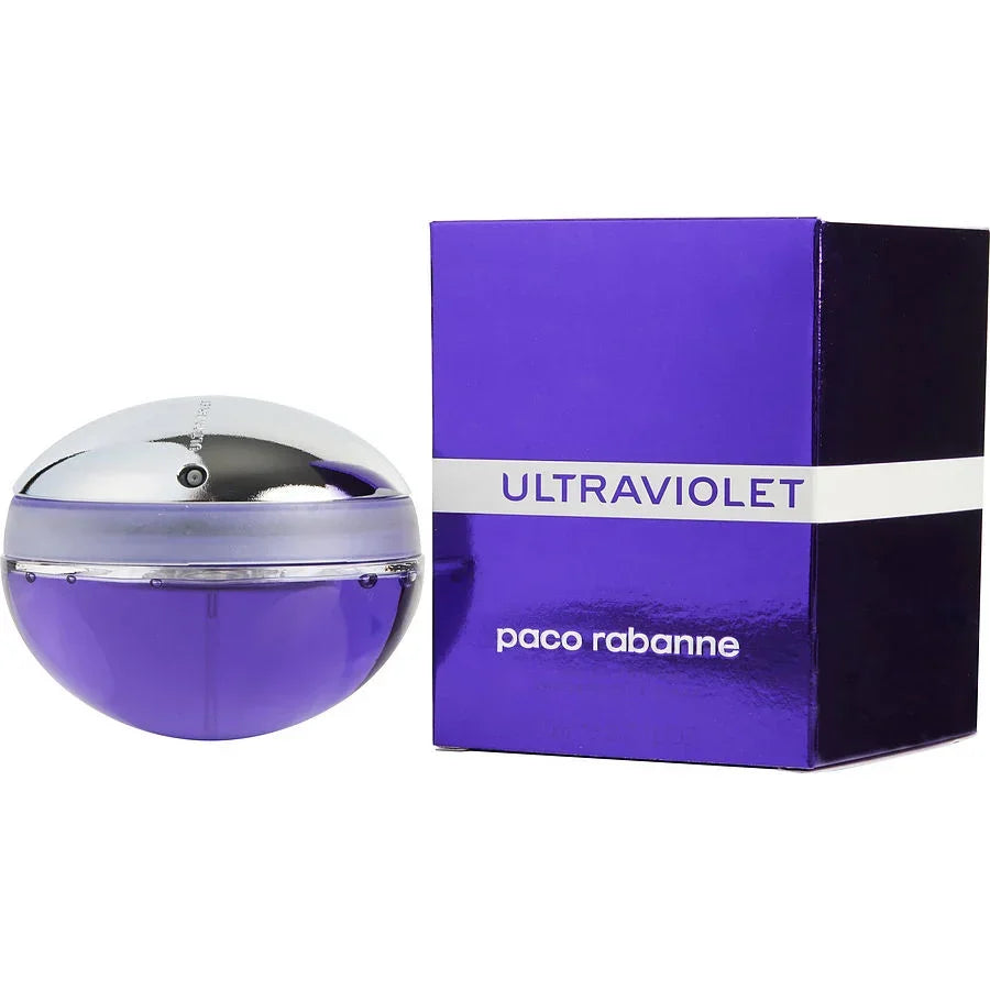 Paco Rabanne Ultraviolet perfume bottle and box, purple design, luxury fragrance