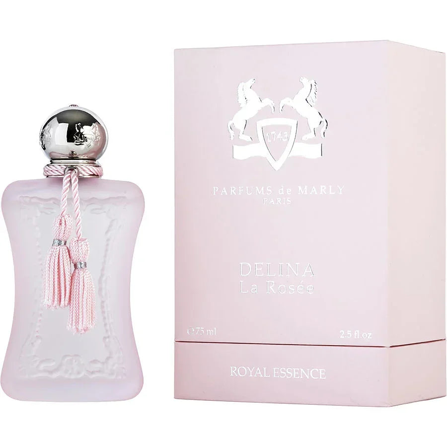 Delina La Rosée perfume bottle with pink tassels and elegant packaging