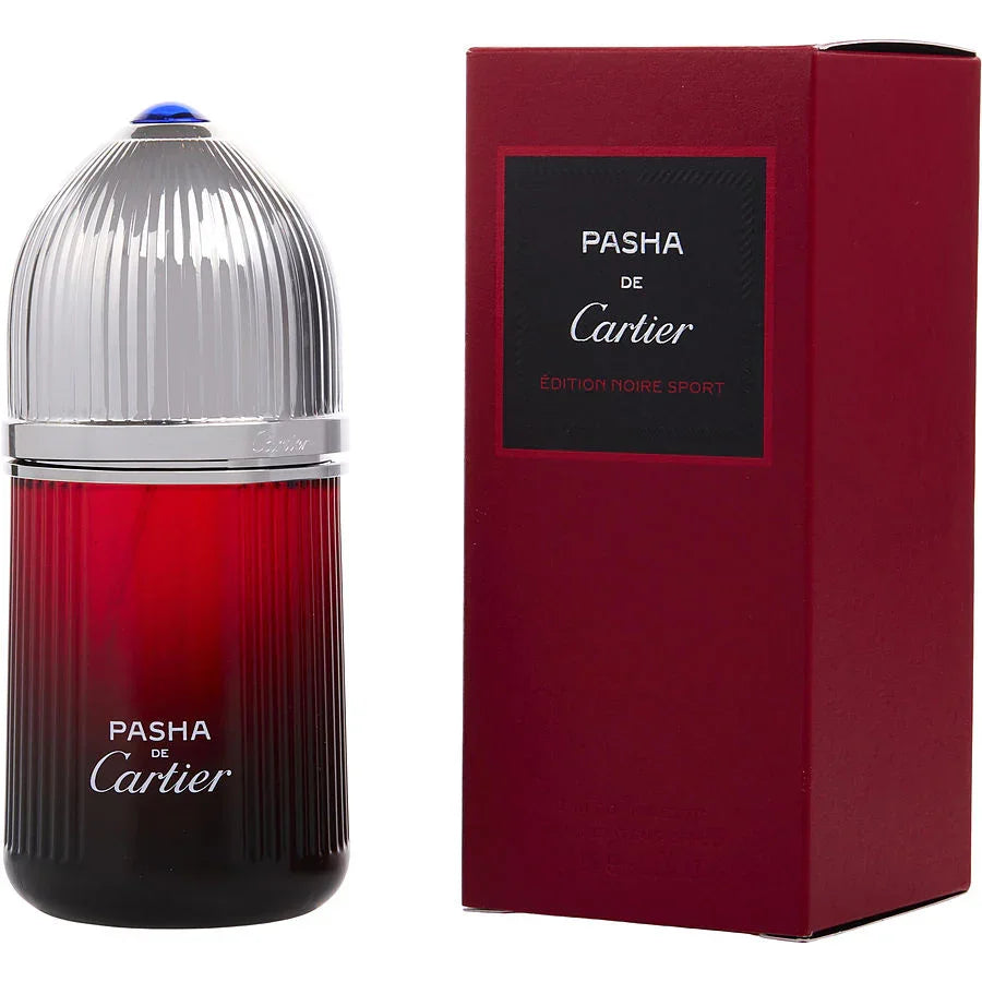 Pasha de Cartier Edition Noire Sport Eau de Toilette bottle with a red and clear design, alongside its maroon box packaging with white text.