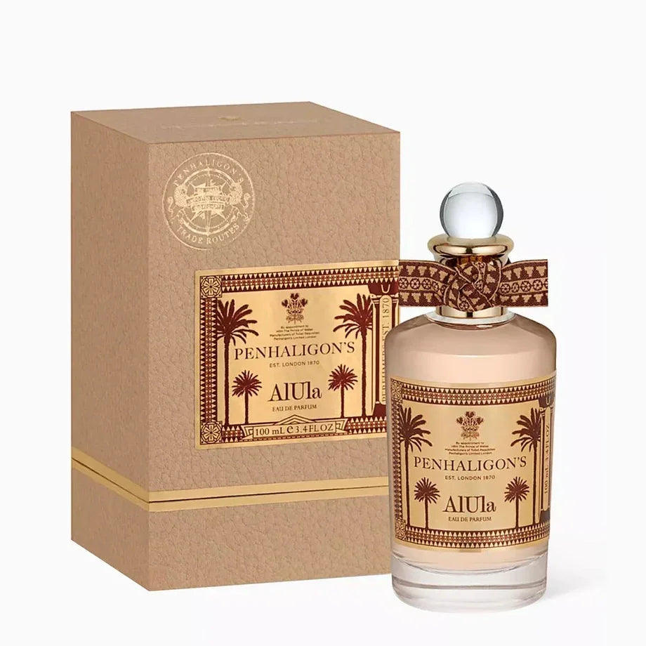 Penhaligon's AIUla Eau de Parfum 100ml with luxury packaging, palm tree design, gold accents, and ribbon detail