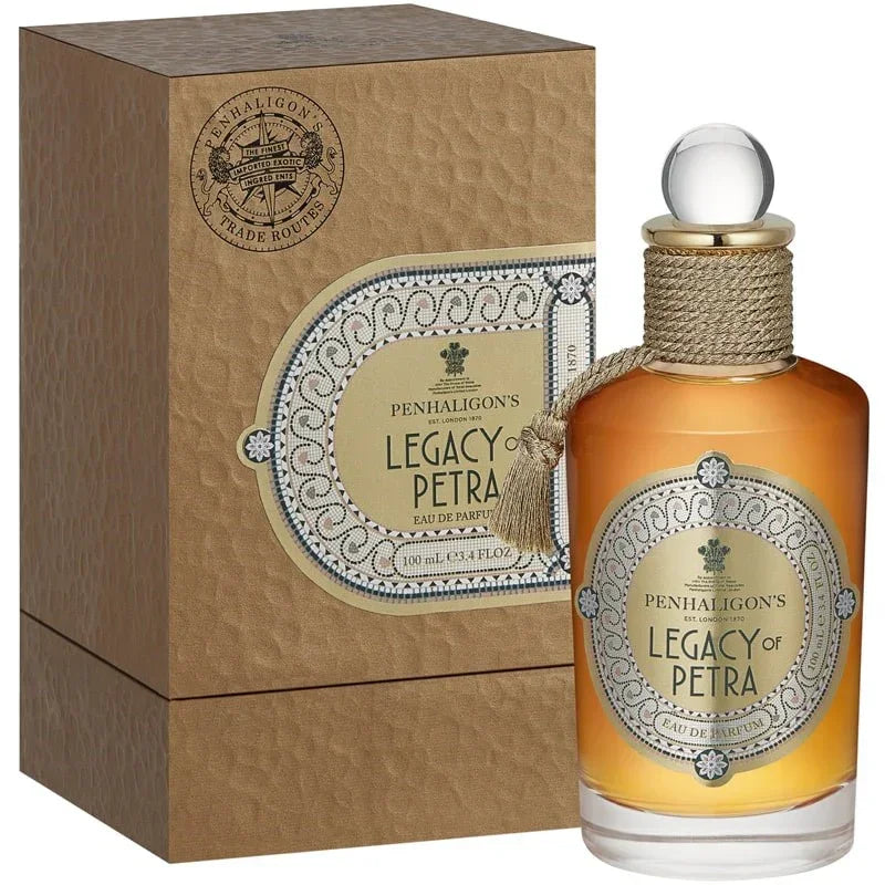 Penhaligon's Legacy of Petra Eau de Parfum bottle with luxury packaging, golden accents, and elegant design