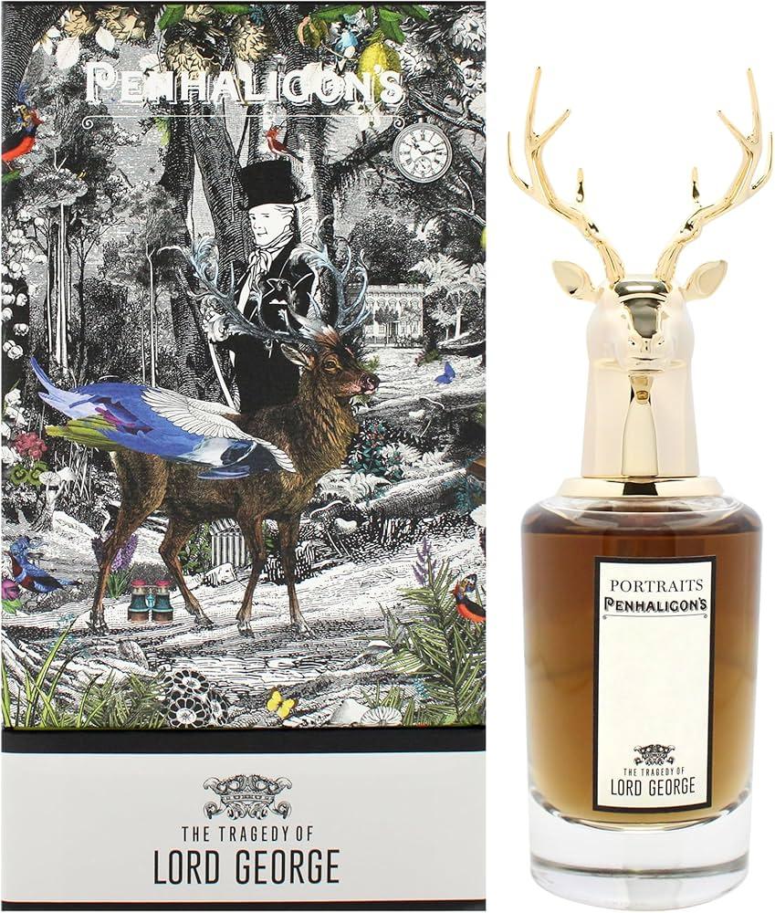Penhaligon's The Tragedy of Lord George perfume with deer-themed bottle and ornate box design