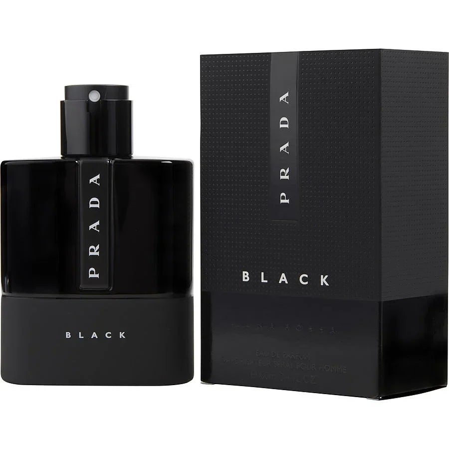 Prada Black Eau de Parfum for Men, sleek black bottle with matching box, luxury fragrance