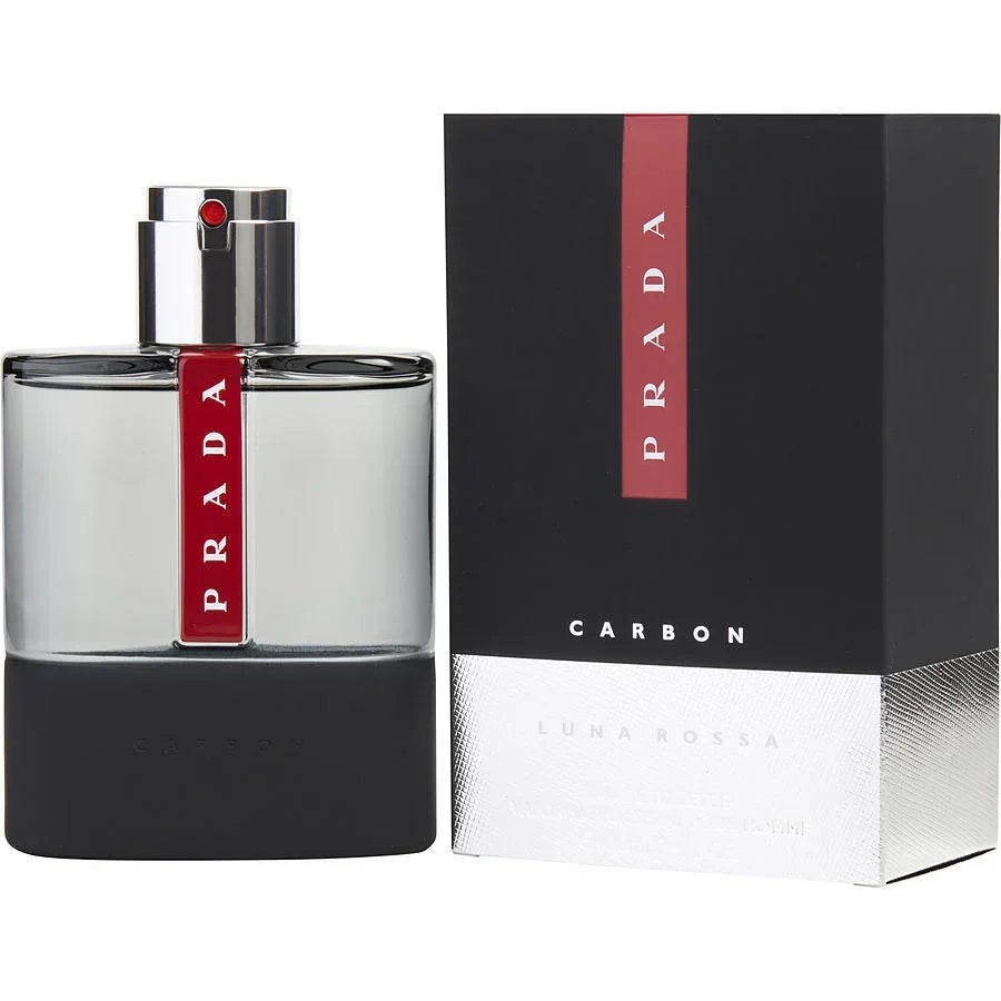 Prada Luna Rossa Carbon men's eau de toilette bottle and box, sleek black and silver design with red accent
