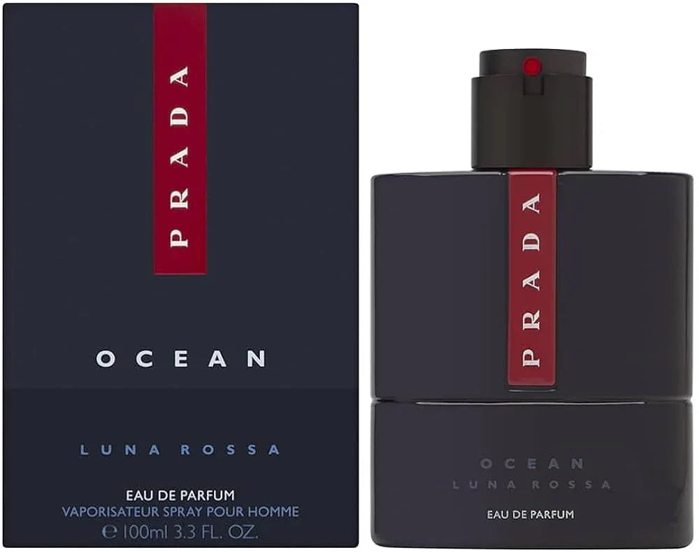 Prada Luna Rossa Ocean Eau de Parfum for men, 100ml bottle with sleek black design and red stripe