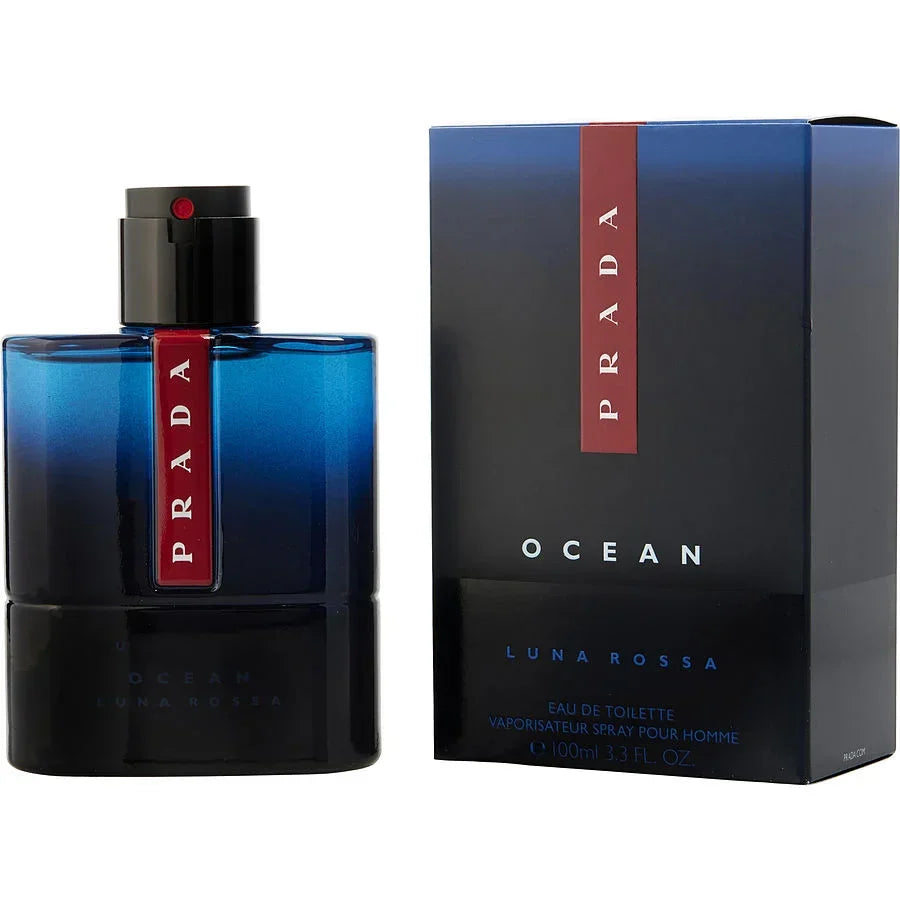 Prada Luna Rossa Ocean Eau de Toilette for men, 100ml bottle and box with blue gradient design