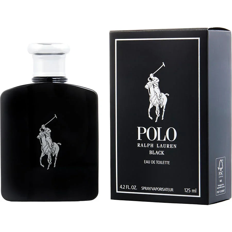 Ralph Lauren Polo Black Eau de Toilette 125ml bottle and box with iconic polo player logo