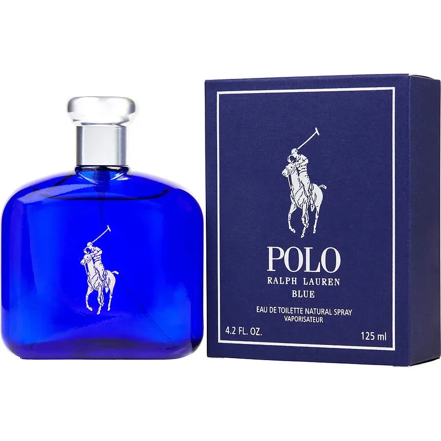 Ralph Lauren Polo Blue Eau de Toilette 125ml bottle with navy box, featuring iconic polo player logo