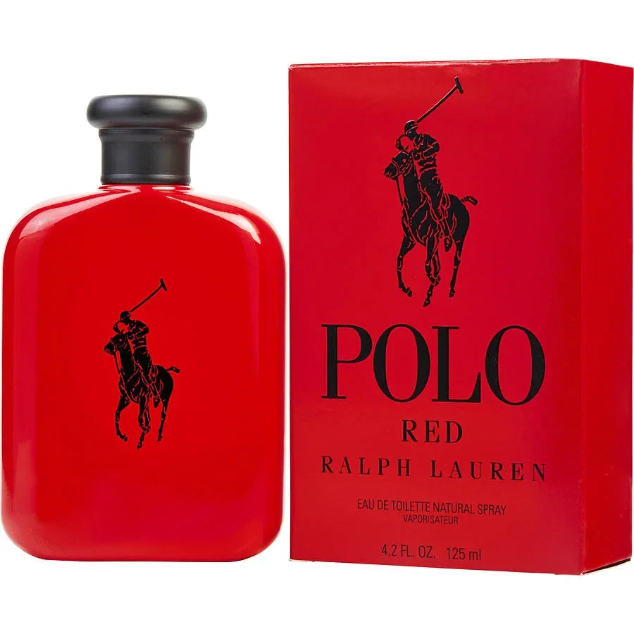 Ralph Lauren Polo Red Eau de Toilette 125ml bottle and box, bold red design with black polo player logo