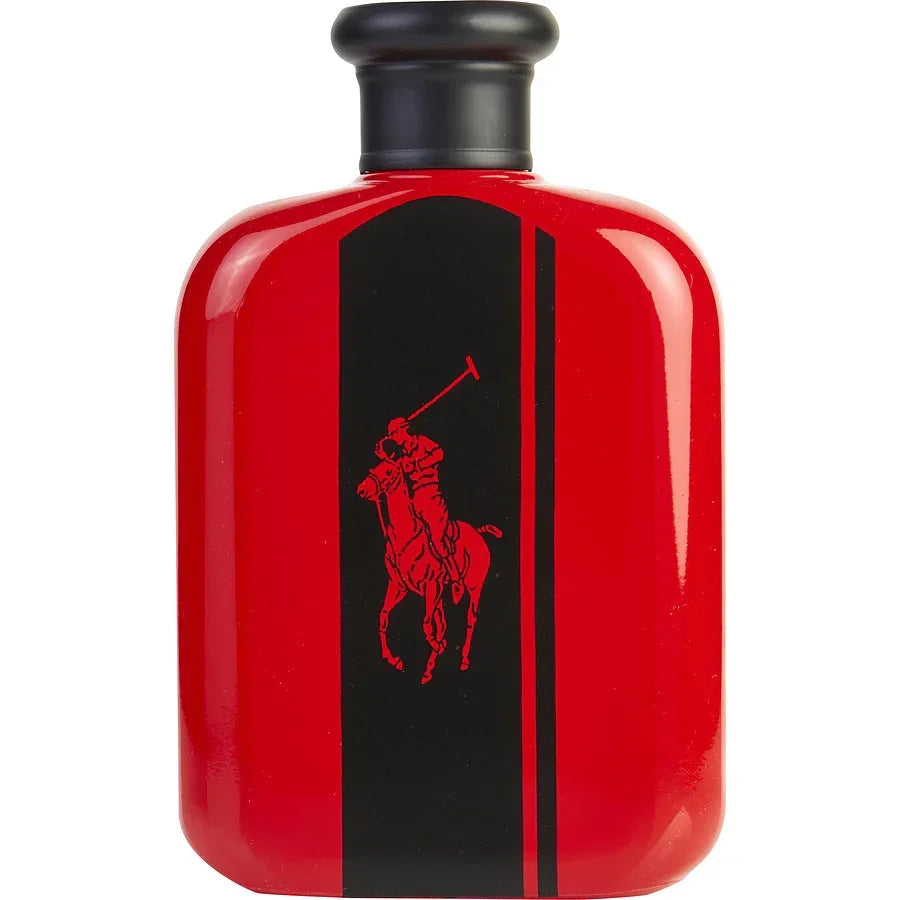 Red Polo Ralph Lauren fragrance bottle with black stripe and iconic horse logo, luxury men's perfume
