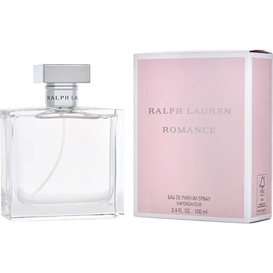 Ralph Lauren Romance Eau de Parfum 100ml bottle with pink packaging, luxury fragrance for women