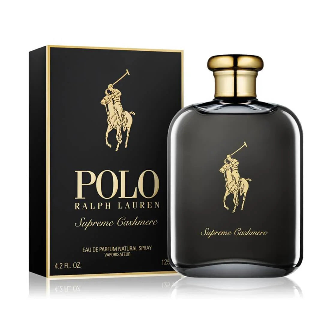 Polo Ralph Lauren Supreme Cashmere Eau de Parfum bottle and box, luxury men's fragrance with gold polo player logo