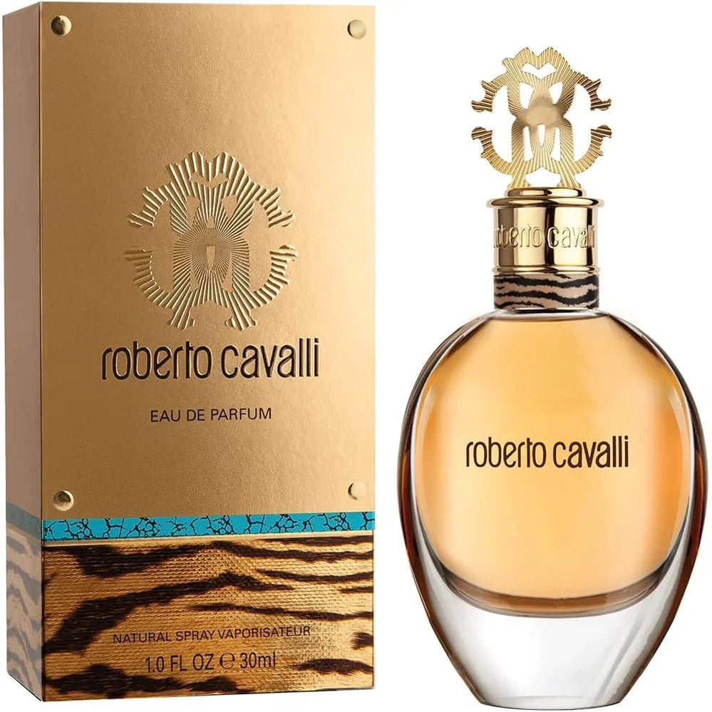 Roberto Cavalli Eau de Parfum bottle with gold cap and tiger print packaging