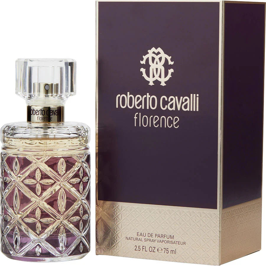 Roberto Cavalli Florence Eau de Parfum 75ml bottle with purple crystal design and luxury packaging