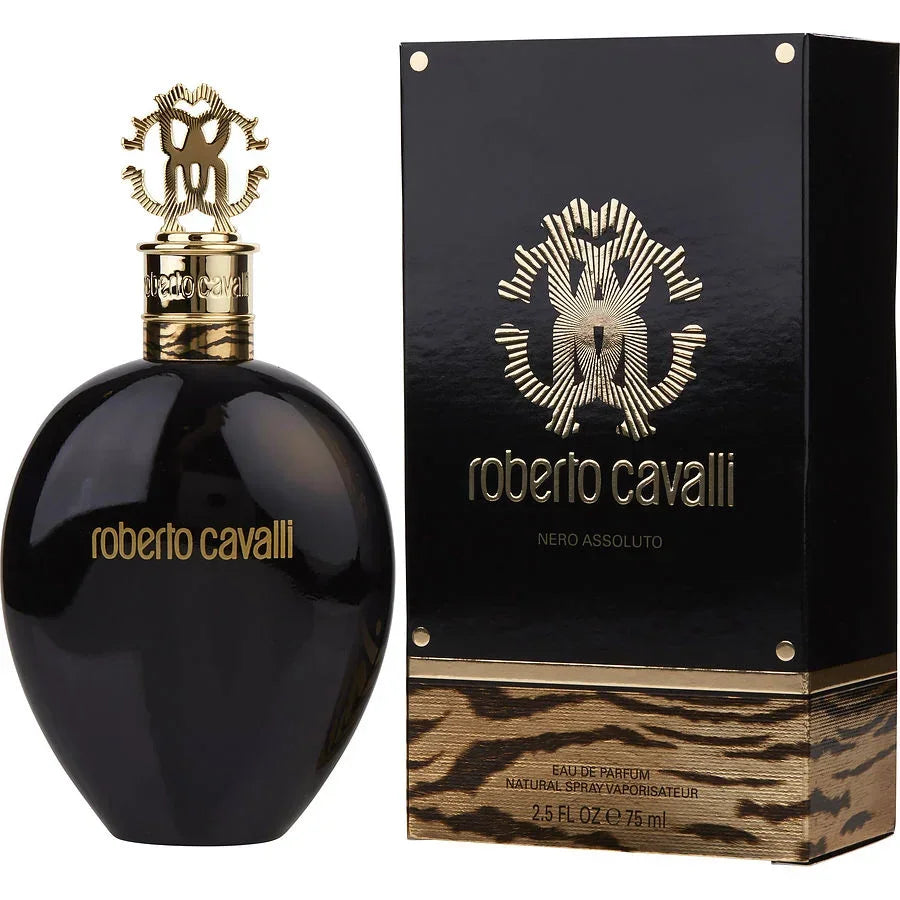 Roberto Cavalli Nero Assoluto perfume bottle and box with gold accents and tiger print design