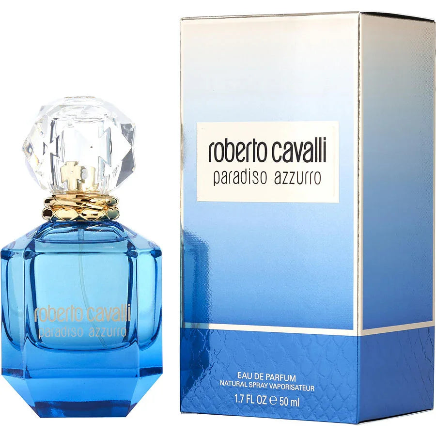 Roberto Cavalli Paradiso Azzurro Eau de Parfum 50ml bottle with blue glass and crystal cap, next to branded box