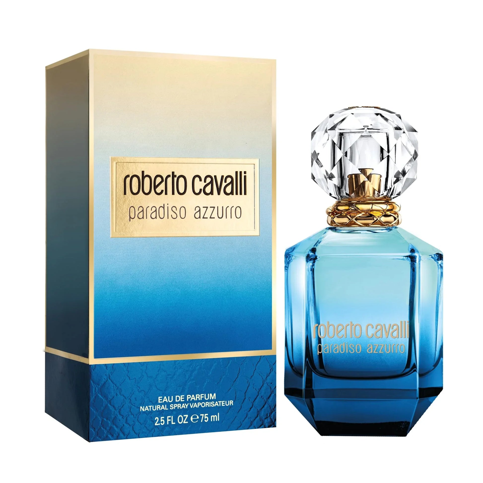 Roberto Cavalli Paradiso Azzurro Eau de Parfum 75ml bottle with blue gradient design and crystal cap, next to matching box.
