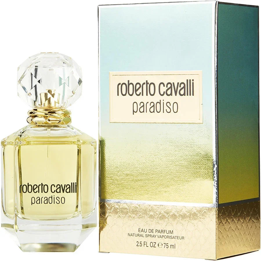 Roberto Cavalli Paradiso Eau de Parfum 75ml bottle with gradient box, luxury fragrance for women