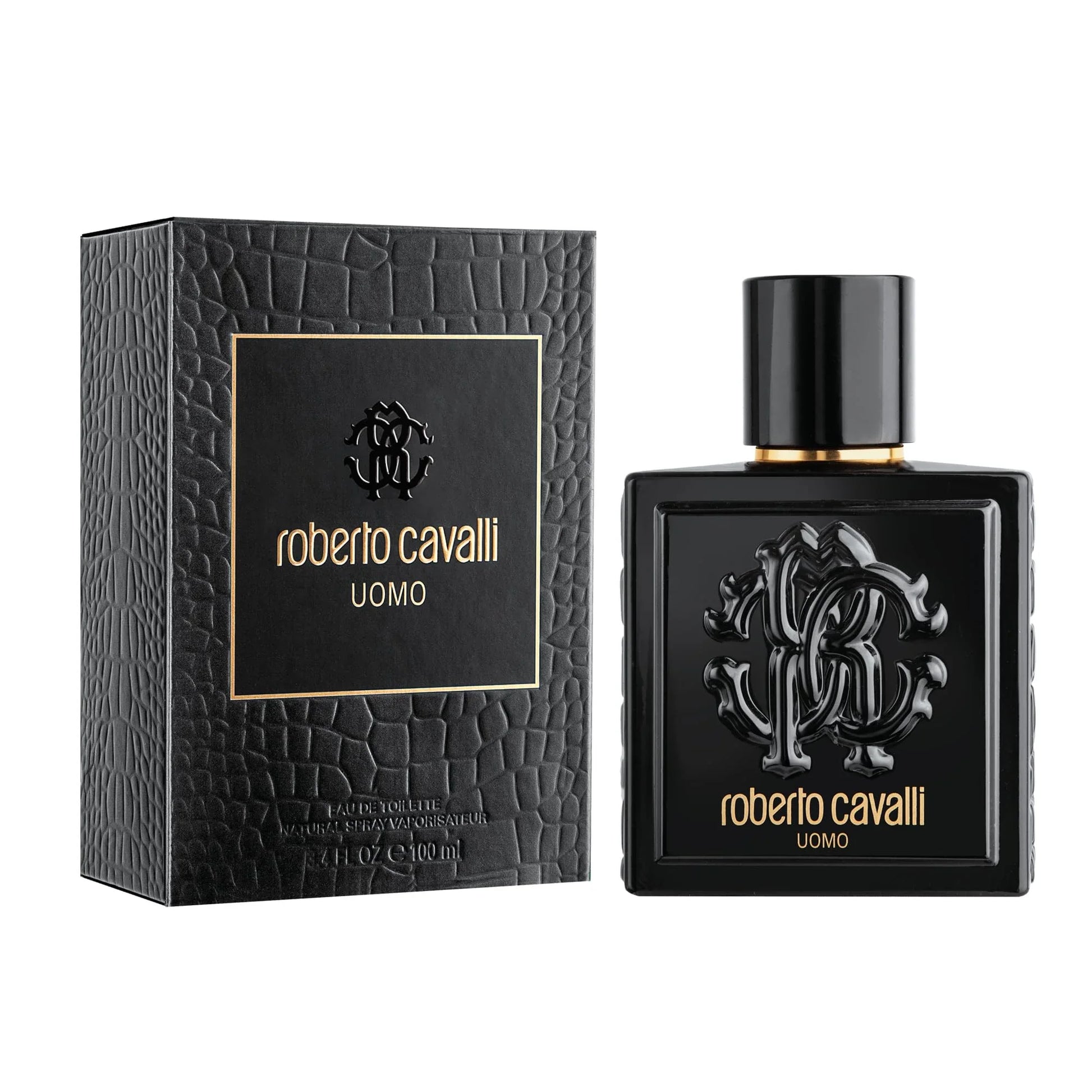 Roberto Cavalli Uomo Eau de Toilette bottle and box, luxury men's fragrance with black crocodile texture design