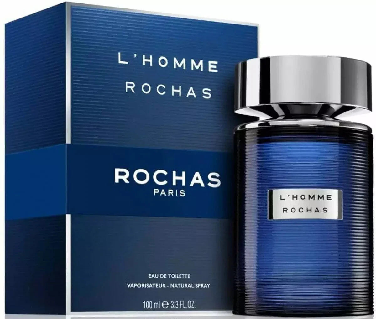 L'Homme Rochas Eau de Toilette 100ml bottle and box, blue textured design, men's fragrance