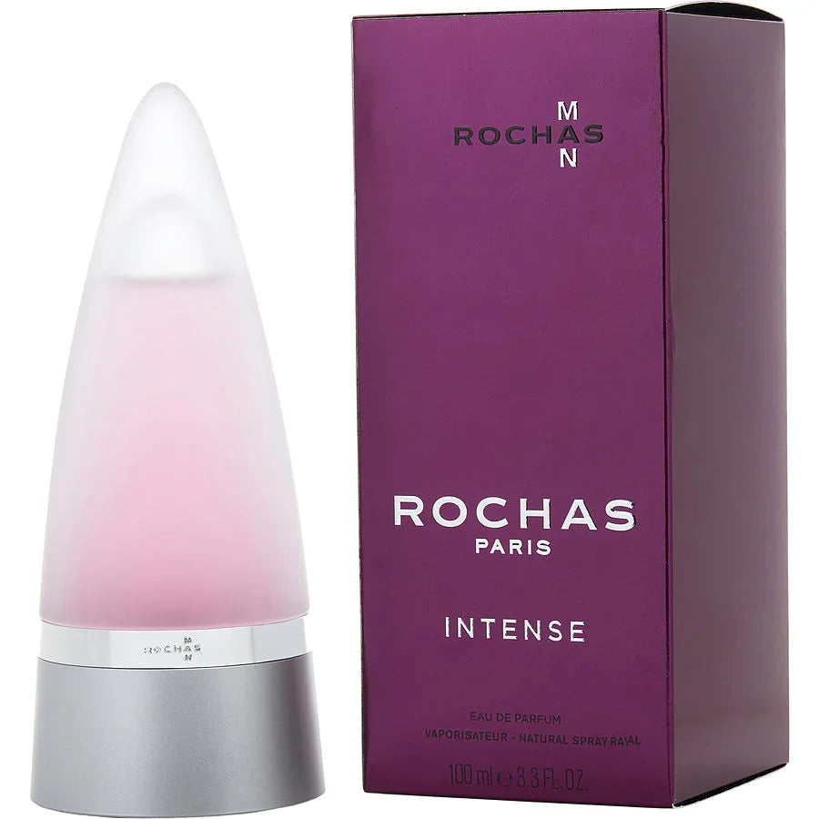 Rochas Paris Intense Eau de Parfum 100ml bottle with purple packaging, elegant design for luxury fragrance.